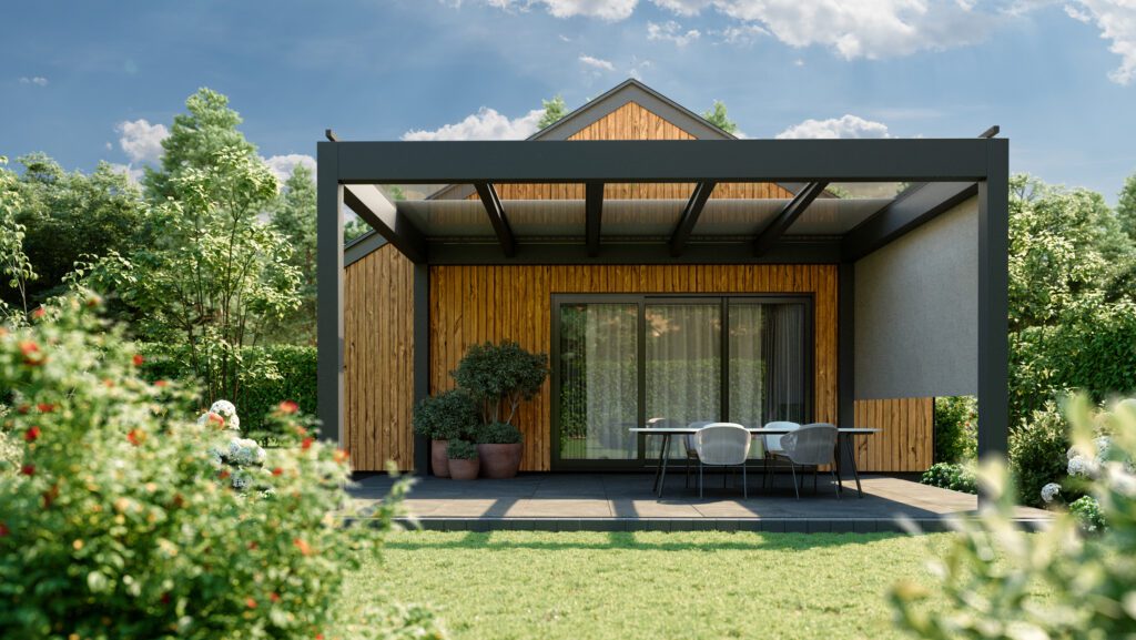 Pergola tarasowa przyścienna z dachem szklanym, z Glasscoolerem oraz ZIPem, antracytowa - model UVEG CLEAR