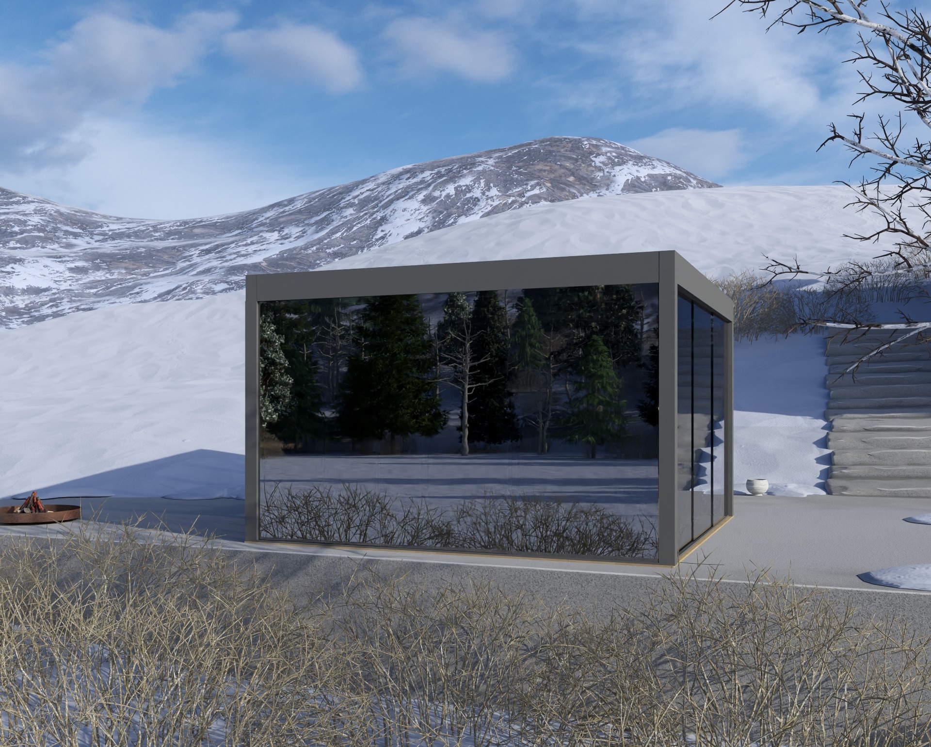 Pergola z dachem szklanym wolnostojąca ogrodowa, przeszklona ciemnym szkłem (bioclimatic) w zimie - model UVEG CLEAR