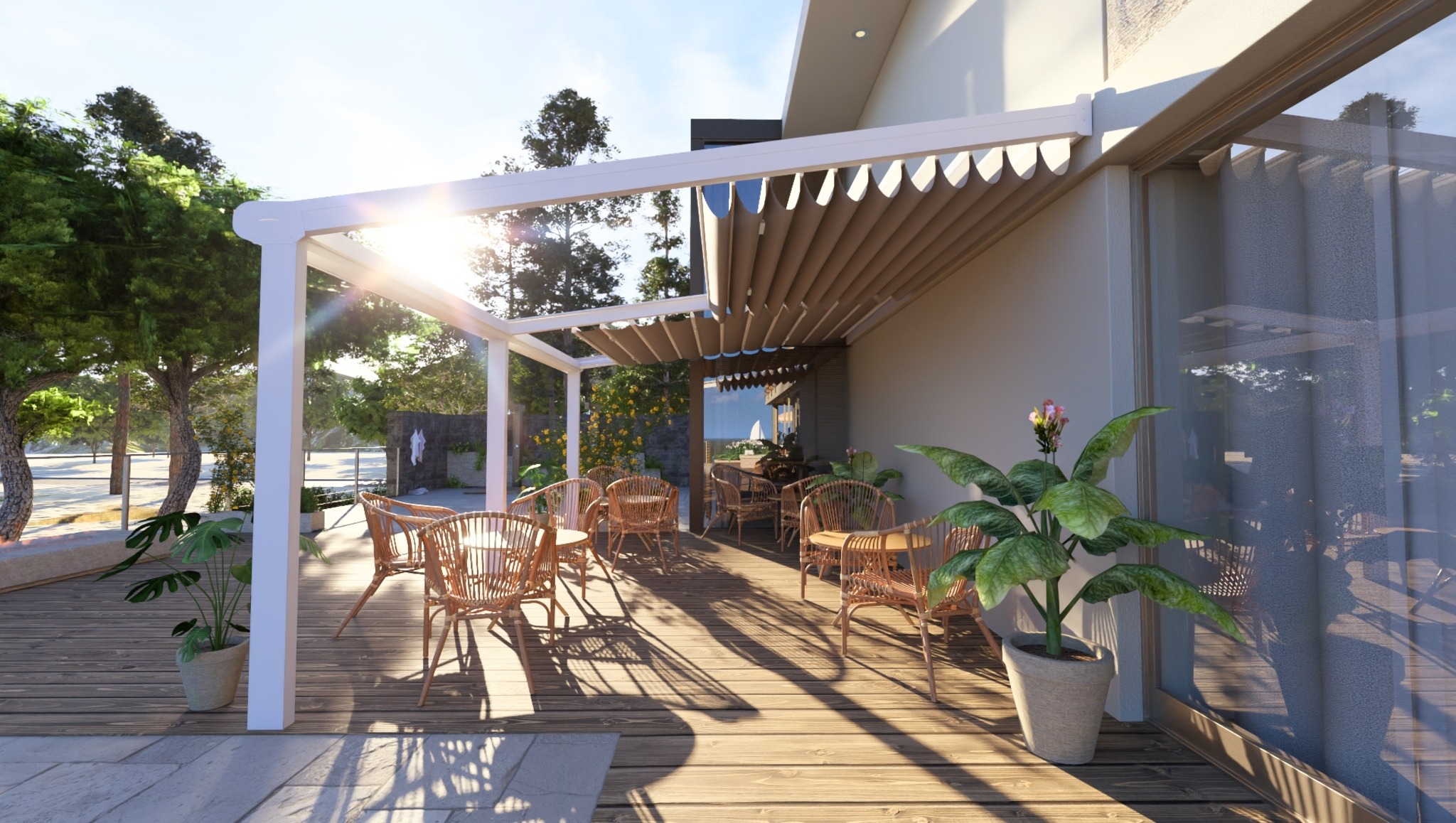 Pergola przyścienna, tarasowa z dachem miękkim, materiałowym, przy hotelu, biała - model UVEG SOFT
