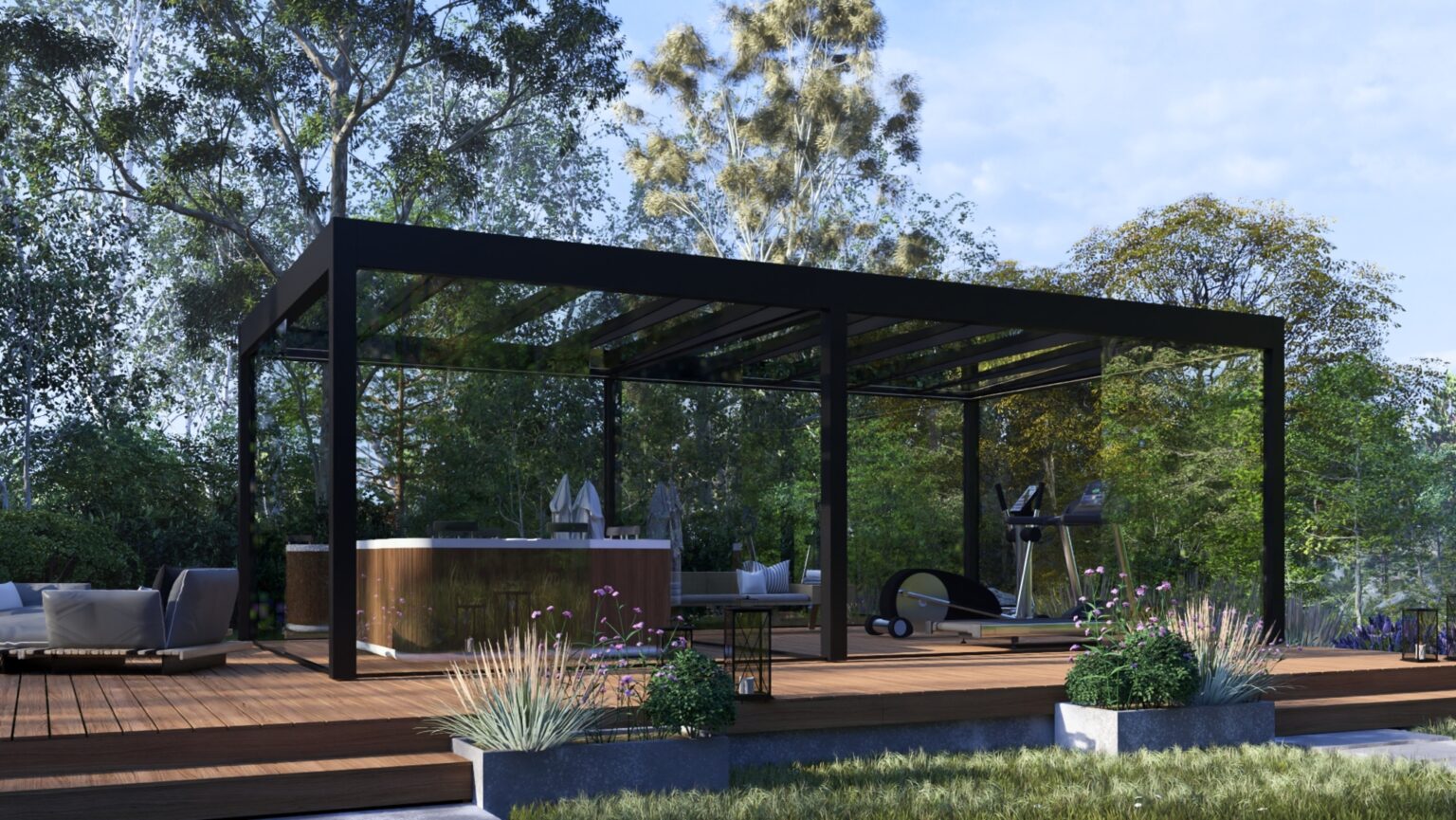Pergola ogrodowa z dachem szklanym UVEG CLEAR w kolorze czarnym