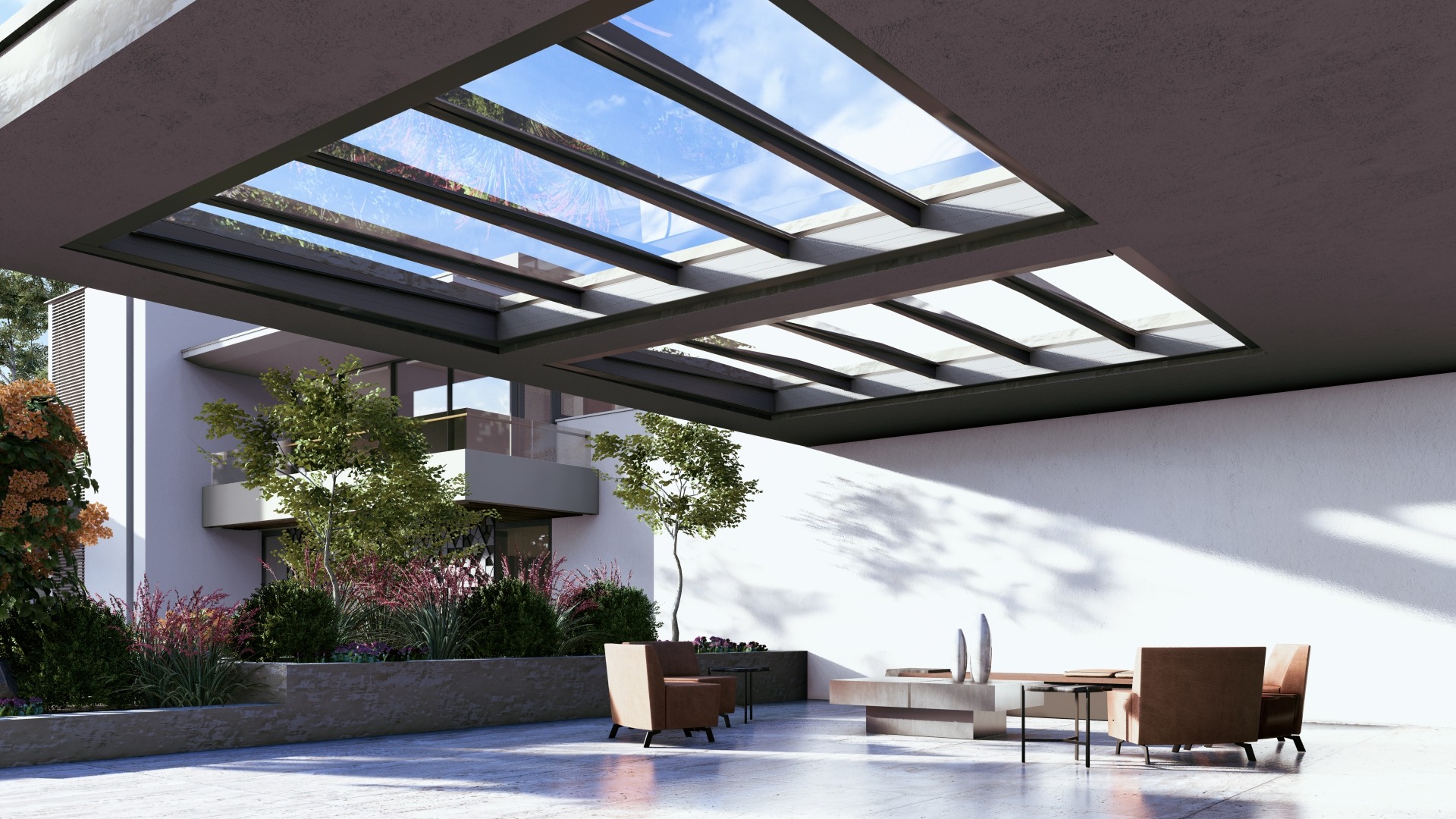 Pergola wieńcowa z dachem szklanym, bez Glasscoolera, antracytowa, dwa moduły - model UVEG CLEAR AIR