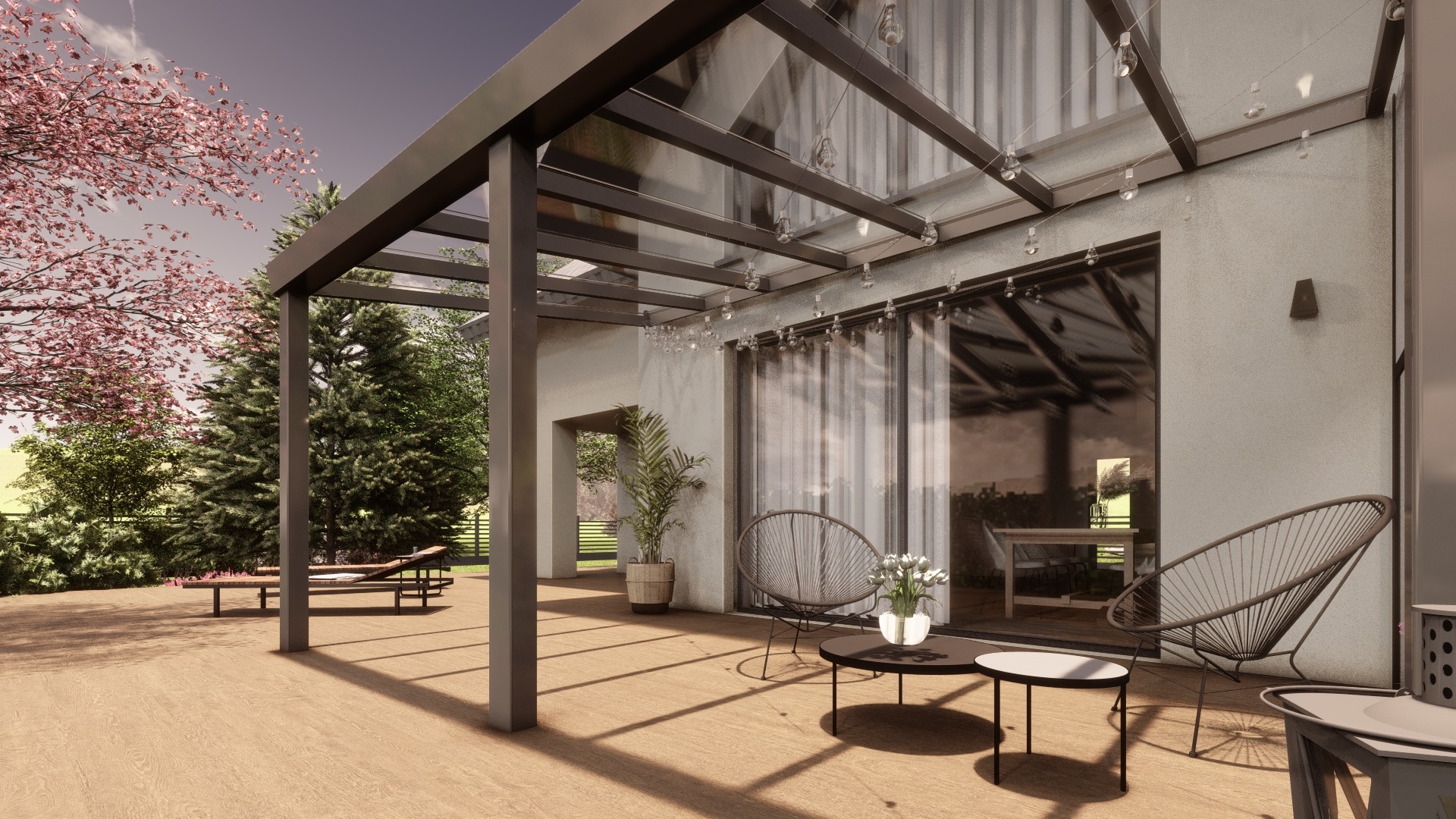 Pergola tarasowa przyścienna z dachem szklanym, bez Glasscoolera, antracytowa, dwa moduły - model UVEG SPACE
