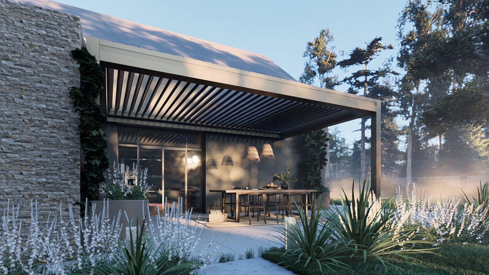 Pergola lamelowa przyścienna, czarna z dachem stałym model UVEG PRO