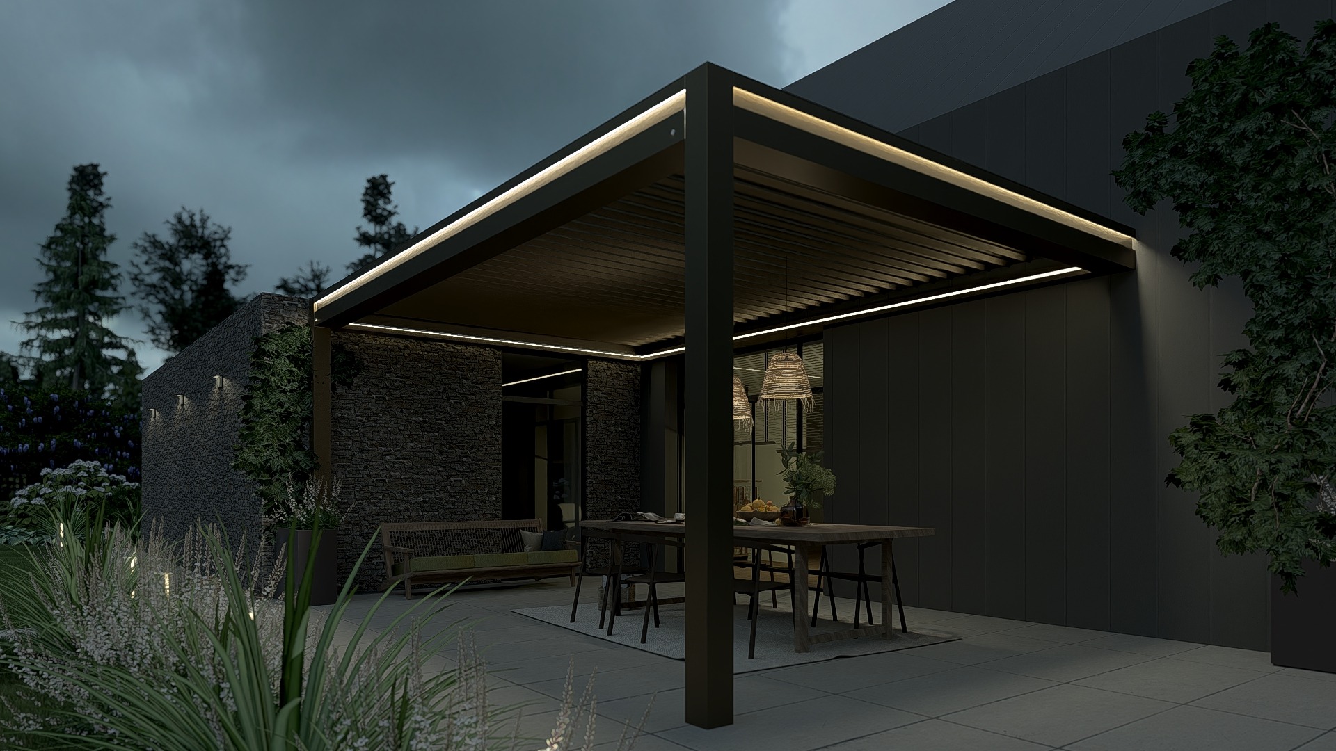 Pergola tarasowa z dachem lamelowym UVEG PRO w nocy